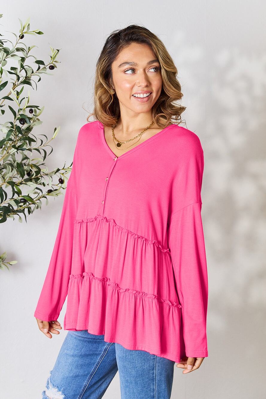DOUBLE TAKE Pink Button Tiered Long Sleeve Casual Top Women's Size Small NEW